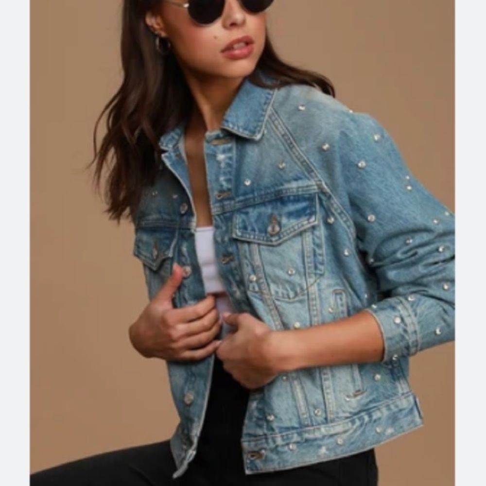 FREE PEOPLE Night After Night Denim Jacket Diamond Studded Light Wash Size M